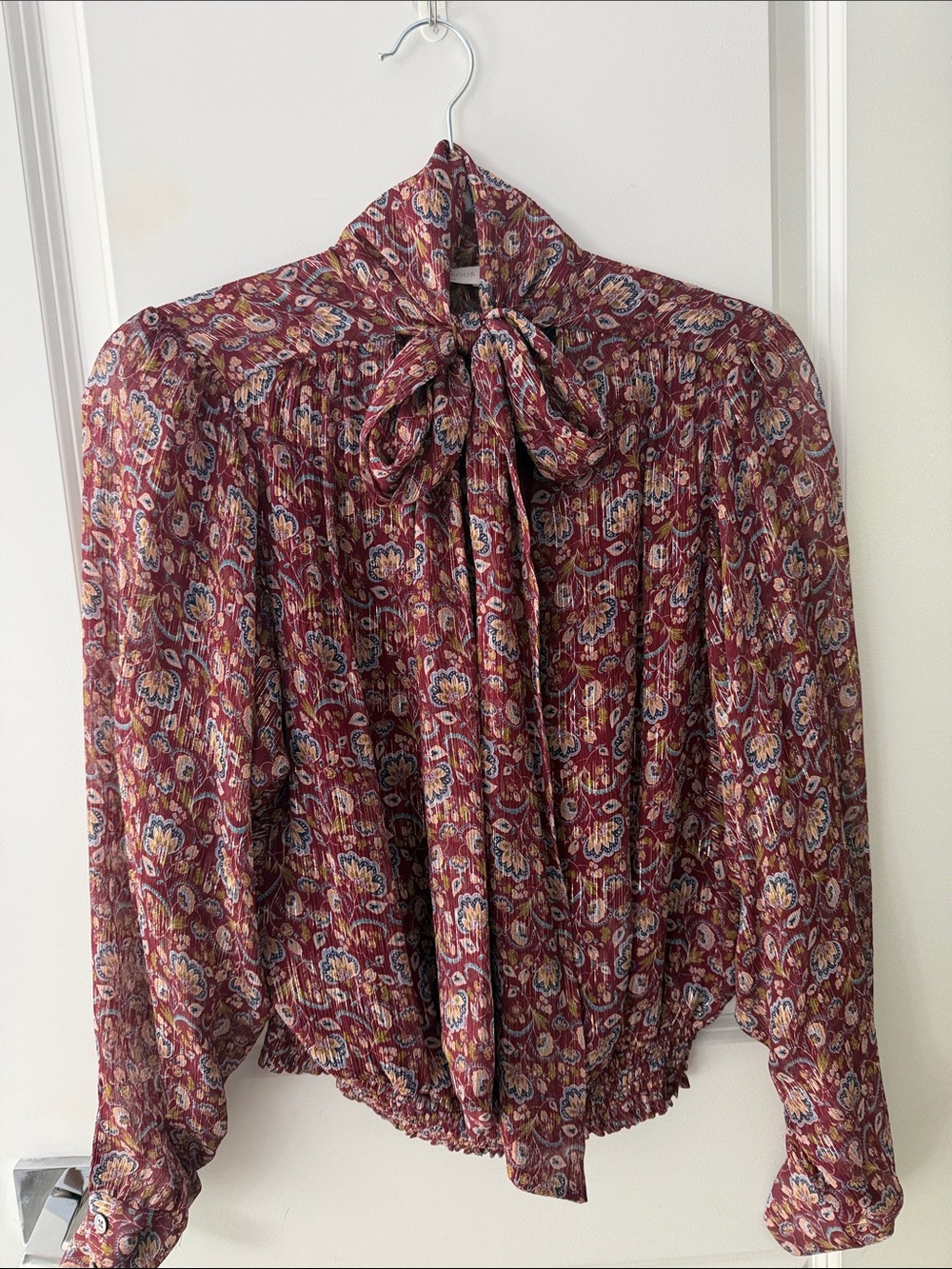 Ramy Book Burgundy Floral Tie-Neck Blouse